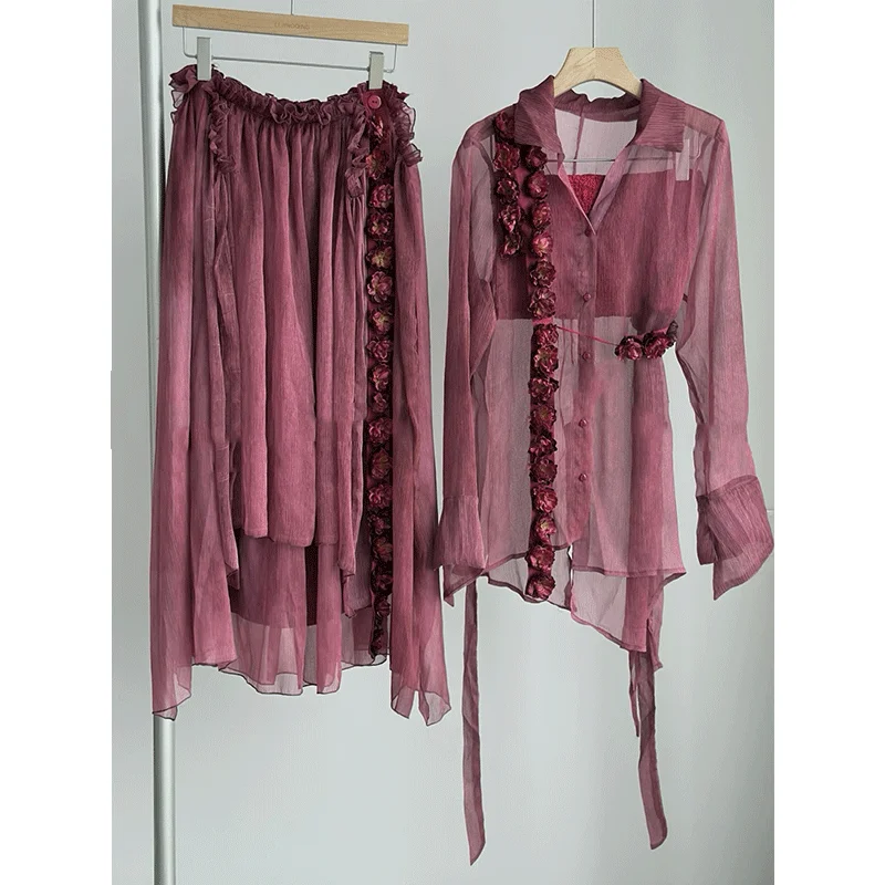 

Summer Desingned Niche High-end Advanced Temperature Three-dimensional Rose Flower Jacket + Skirt 2 Piece Sets Womens Outfits