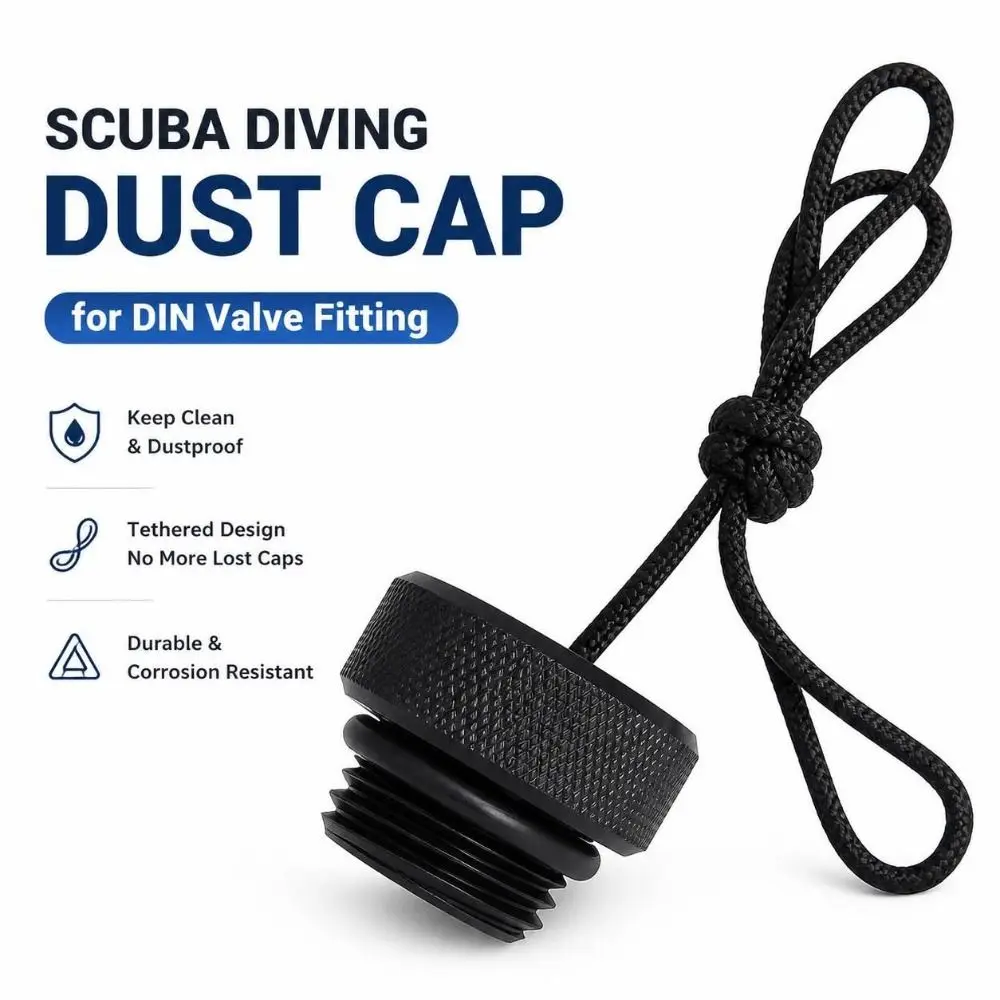 1Pcs ABS Plastic Scuba Diving Dust Cap Male Threaded Plug Black DIN Tank Valve Dust Cap 25x23mm Swivel Lanyard