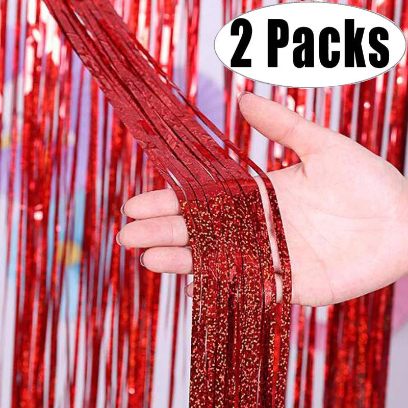 2Pack 1X2M Red Metallic Foil Tinsel Fringe Curtain Backdrop Birthday Wedding Bachelorette Party Decoration Adult Anniversary