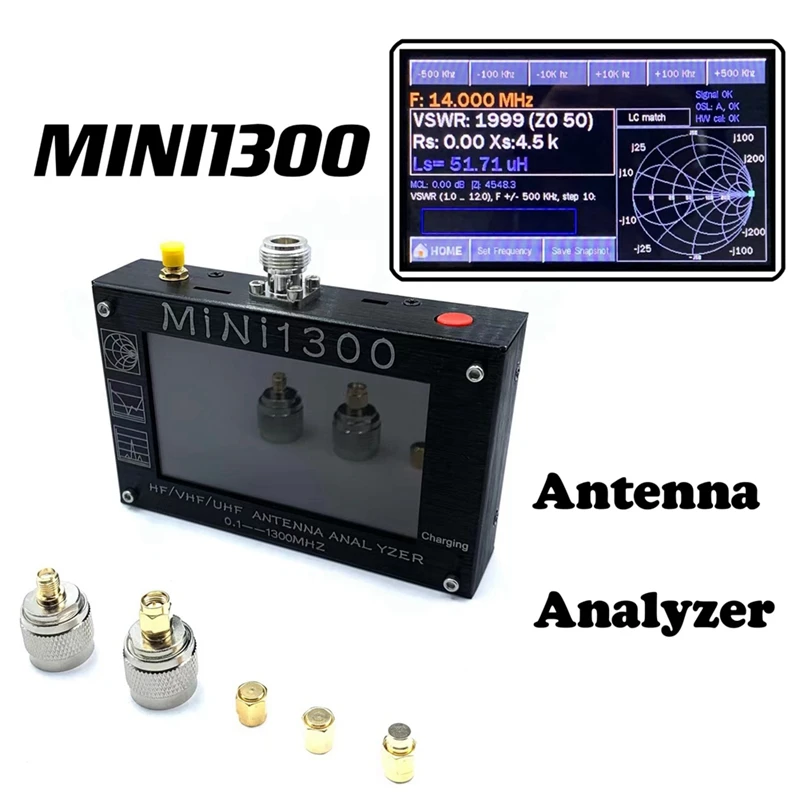 

MINI1300 Plus 5V/1.5A HF VHF UHF Antenna Analyzer 0.1-1300MHZ Frequency Counter SWR Meter 0.1-1999 With LCD Screen