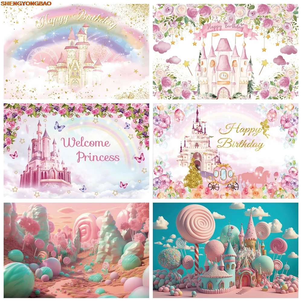

Dream Castle Backdrop Princess Girl Birthday Party Rainbow Floar Butterfly Flower Candy Baby Shower Photography Background Decor