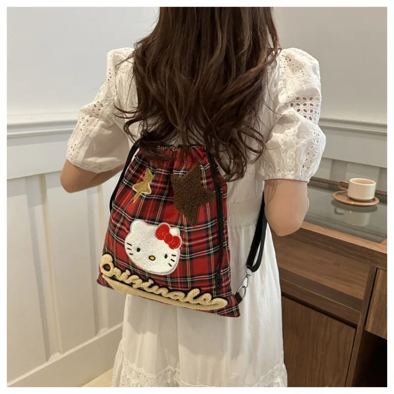 Hello Kitty Retro Plecak Sanrio Kitty Red Plaid Plecak Anime KT Torebka podróżna Prezent Plecak Kawaii Śliczne torby szkolne