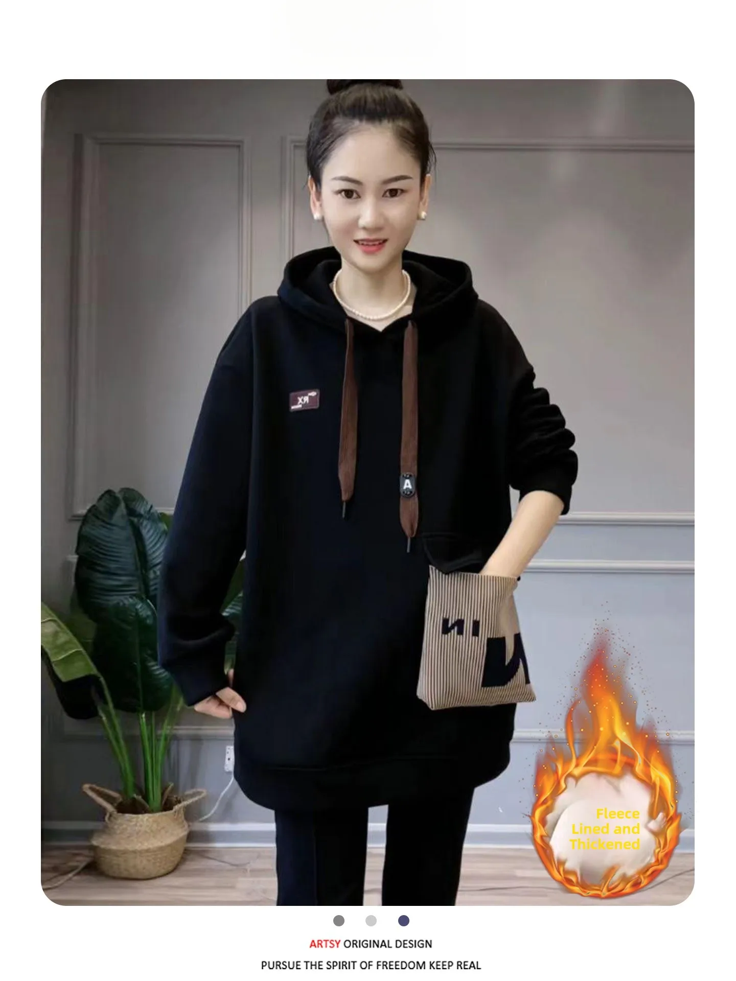 เสื้อฮู้ดผู้หญิงทรงยาวมีซับใน รุ่นใหม่ล่าสุดสำหรับฤดูใบไม้ร่วงและฤดูหนาว สไตล์แฟชั่น