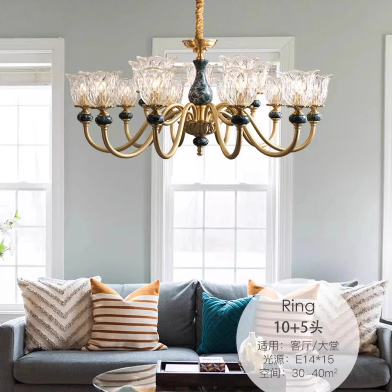 Full Copper Ceramic Retro Ceiling Chandeliers Flower Glass Lampshade European Style Restaurant Villa Atmospheric Hanging Lamps