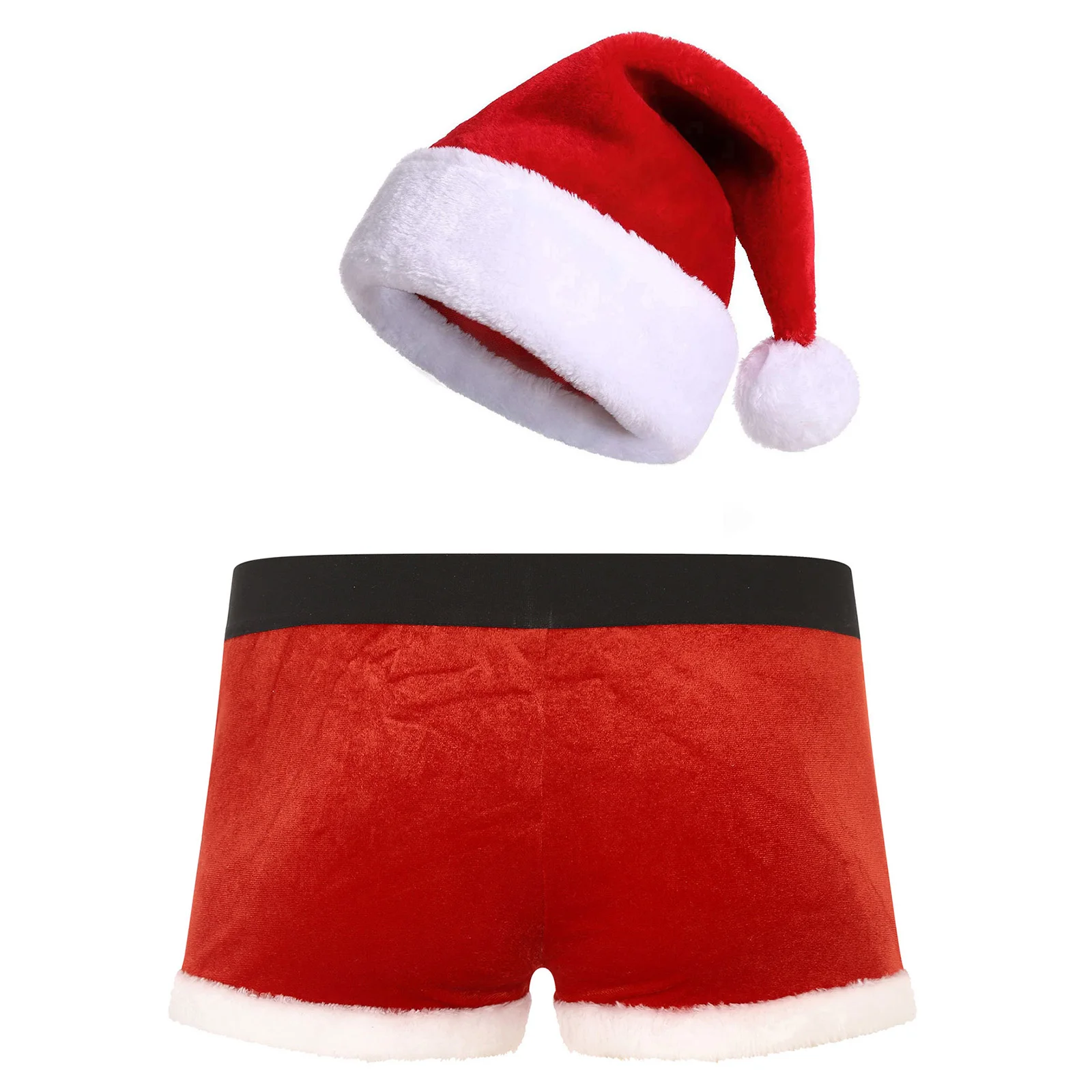 Bóxer de terciopelo para hombre, ropa interior con gorro de pompón de Papá Noel, disfraz de Cosplay para fiesta navideña