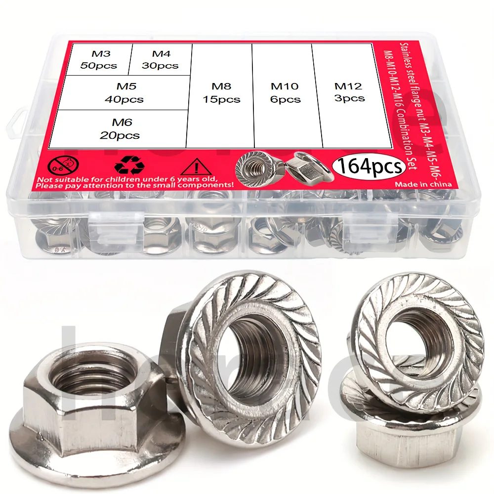 164-Piece Stainless Steel Hexagonal Flange Nut Set M3-M12, for Maintenance of Mechanical Parts and Home Outdoor Construction.