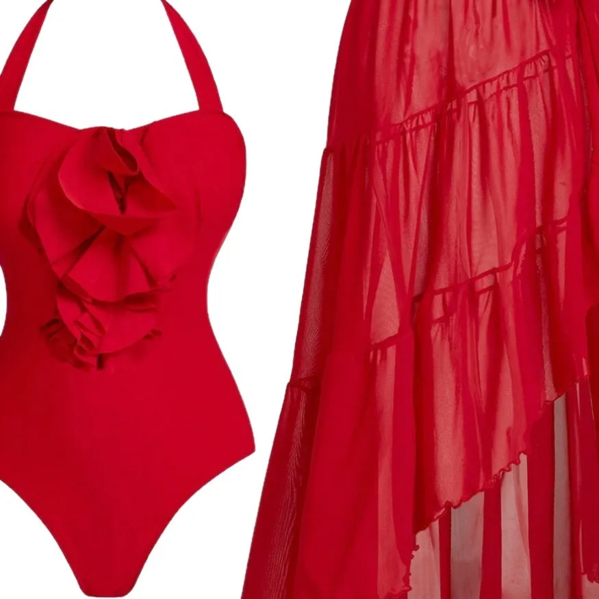 Traje de baño de una pieza de flor roja con cubierta, traje de baño de tendencia 2026, bikini Sexy, traje de baño de lujo para mujer, traje de baño para salida en la playa