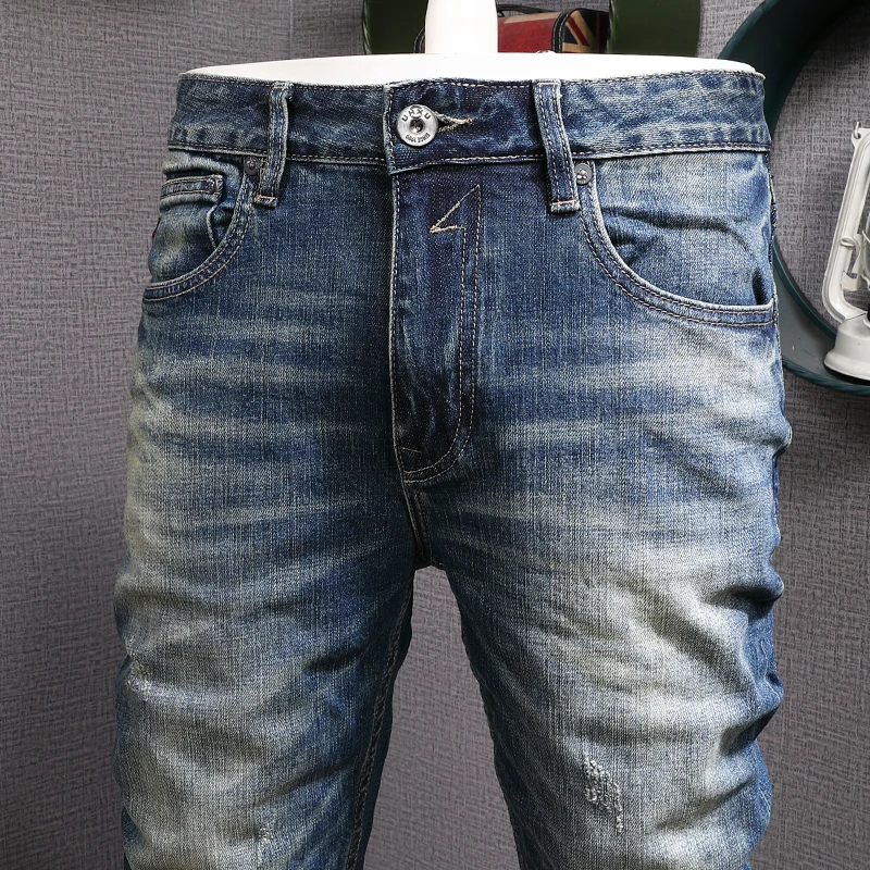 European Fashion Trend Men Jeans High Quality Elastic Slim Fit Ripped Jeans Men Retro Blue Vintage Designer Denim Pants Hombre