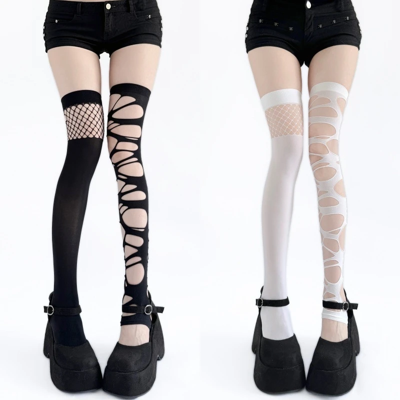 Gothic Punk Ripped Irregular Pantyhose Y2K Black Hollow Out Tights Hot Girl Subculture Spring Millennial Fashion Women Legwear