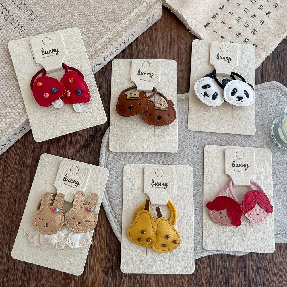 2pcs Children's Leather Hair Rope Tie Cartoon Rabbit Bear Panda Elastic Hair Band Rubber Band Ponytail Holder Hair Accessories