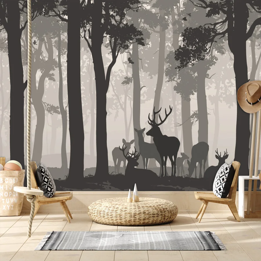 

Custom Removable Self Adhesive Accept Wallpapers for Living Room Black Grey Forest Deer Natural Walls Papers Home Decor Mural