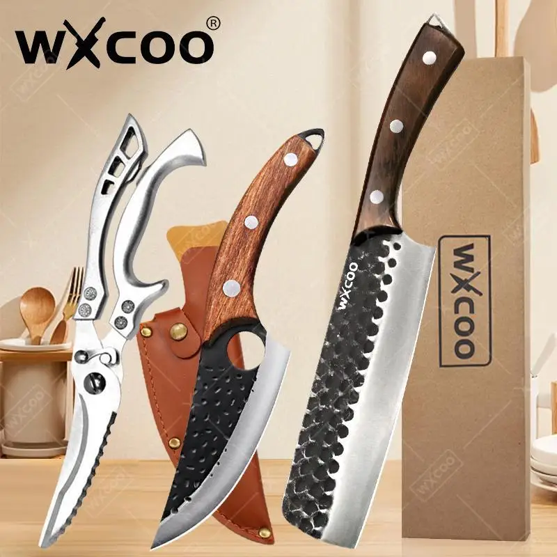 WXCOO Geschmiedetes Ausbenen, handgefertigt, Chefkoch, Metzgermesser, Schere, Hackmesser, Edelstahl, Küchenmesser, Fleisch, Kochmesser, Holzgriff