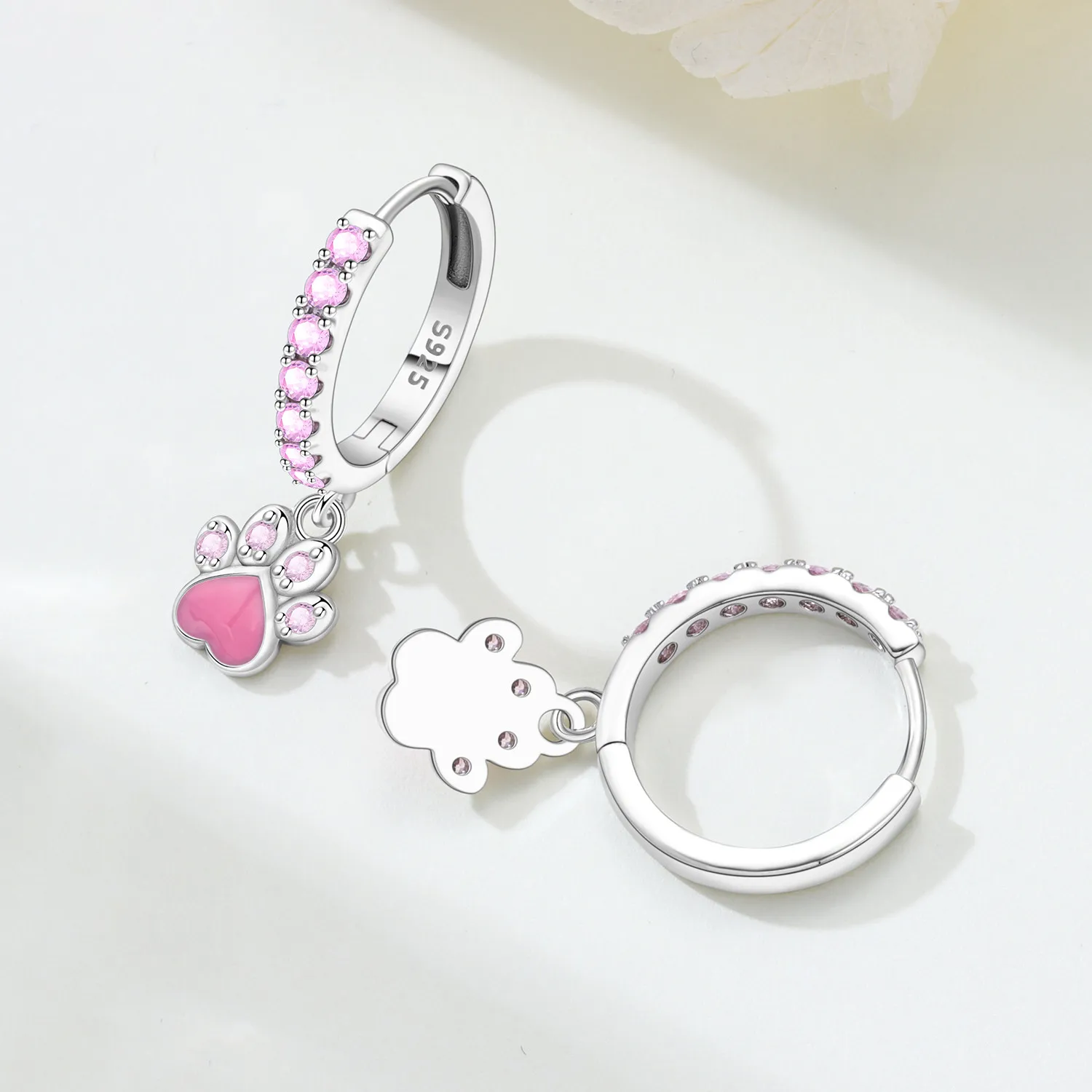 Hot Sale Original 925 Sterling Silver Zircon Pink Paw Print Earrings Heart Flower Leaf Design Women Party Jewelry Gift Ear Loops