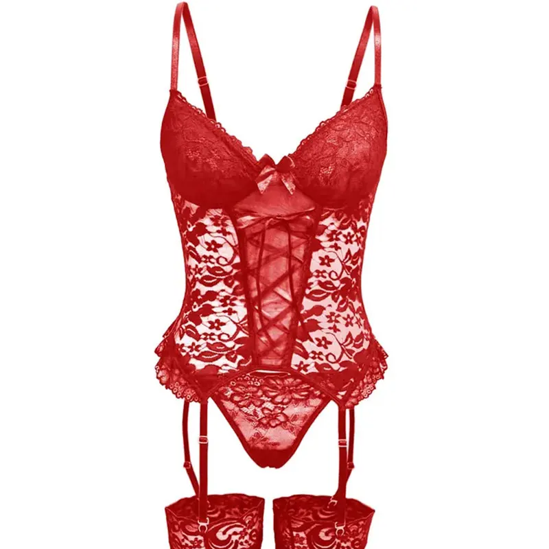 Erotic Set Lingerie Women\'s Underwear Sheer Lace Bralette Bra Brief Set Garters Thong Sleepwear Sexy Underwear Outfit