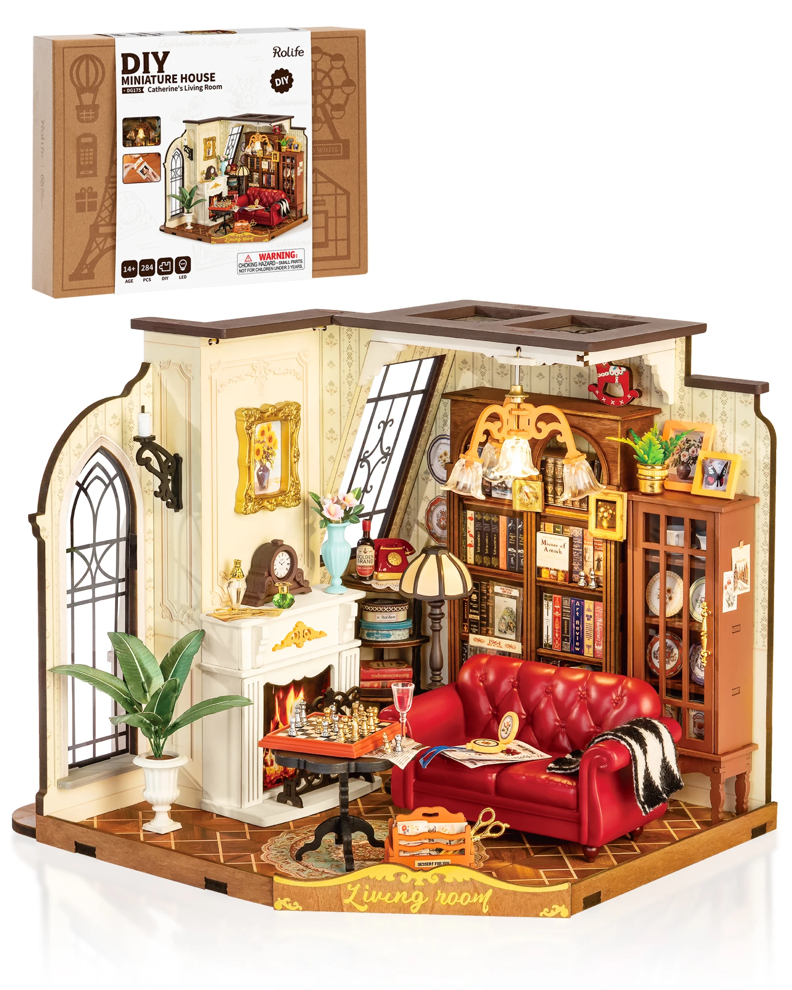 Robotime Catherine's Wohnzimmer, Mittelstufe, 5 Stunden, Klebstofffrei, Stressabbau, Holzpuppenhaus, Heimdekoration, Geburtstagsgeschenk für Mädchen