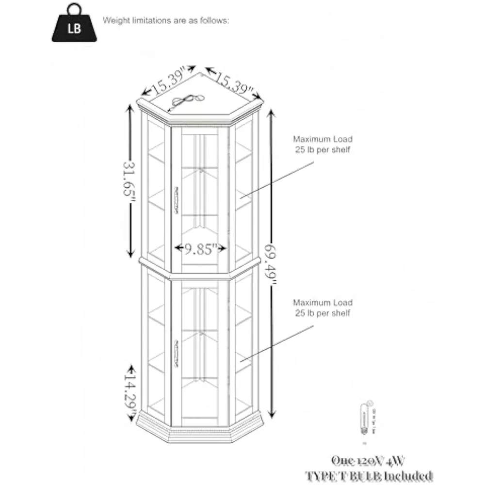 Corner Curio Cabinet Lighted Corner Display, Glass Display Shelf Shelving Bar Cabinet with Tempered Glass Door, Bar Cabinet,Cabi