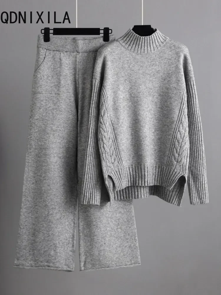 Autumn and Winter 2022 New In Fashion Fashionable Sweater Set Vertical Knitted Wide Leg Pants Two Piece Women\'s Dress Pullovers