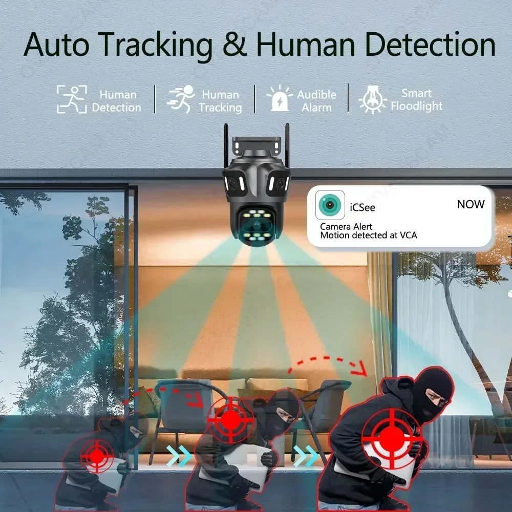 Three Lens IP Camera 6K 12MP WiFi Wireless Security Protection Outdoor PTZ Human Auto Tracking CCTV Video Surveillance Icsee App