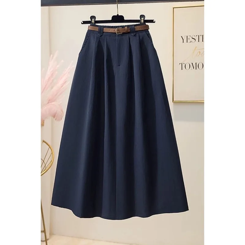 Women Korean Vintage Linen Cotton A Line Midi Skirt High Waist Big Swing Casual Skirt With Belt