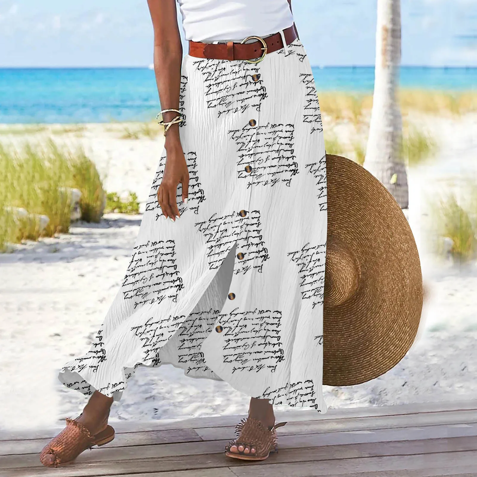 Summer Women's Skirt Cotton Linen Important Button Slit Flower Print Fashion Versatile Vacation Beach Midi Skirt
