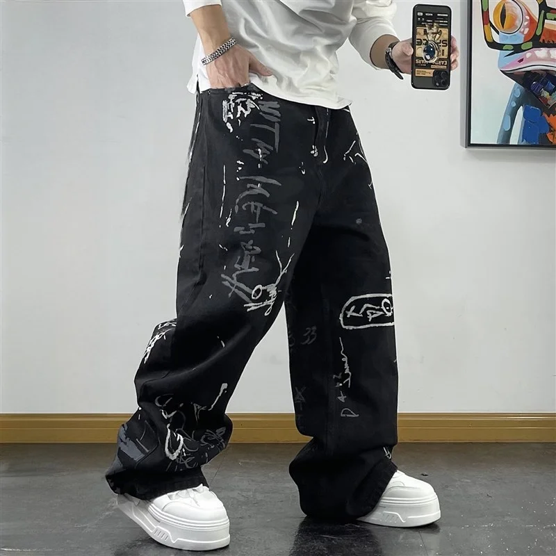 

Trendy fiti Design Loose Straight Leg Jeans for Young Men Casual Floor-Length Spring Autumn Comfortable Denim Pants