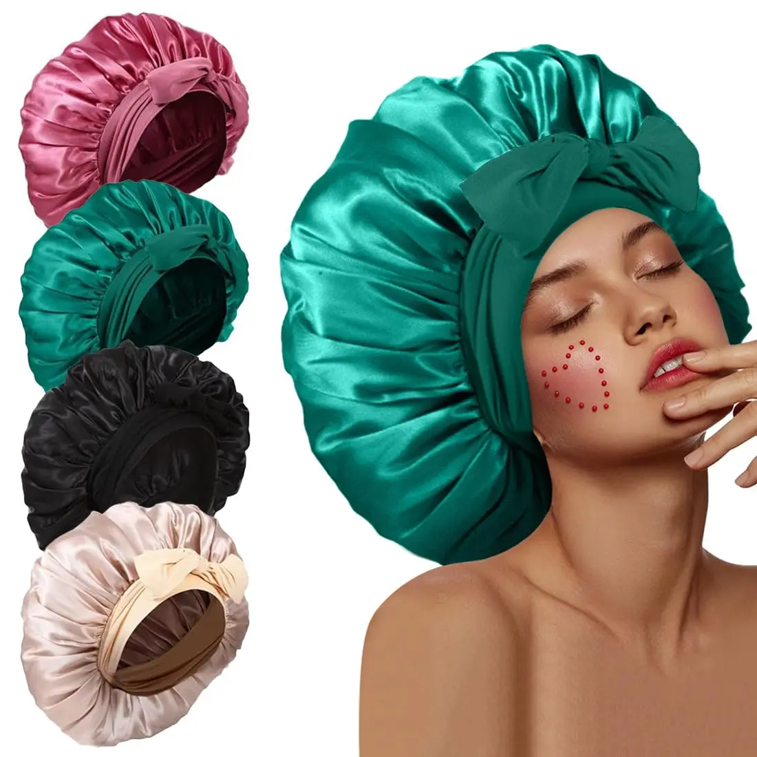 InjBonnet pour DorPanier, Bonnets de Cheveux en Satin pour DorPanier, Cheveux Bouclés Noirs, Bonnet Extra Large pour Femme, Jsalutations avec Bande Lourde, 4Pcs