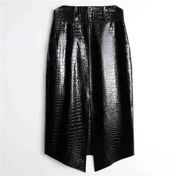 Lady Luxury Real Leather Skirt Crocodile Pattern Women's High Waist MidI Length Spring And Autumn Sheepskin Step Wrap Hip Skirt