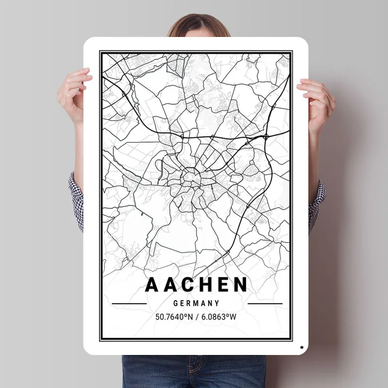 Aachen Light City Map Металлический плакат Винтажные металлические вывески на заказ Ретро жестяная вывеска для настенного художественного украшения Игровая комната Украшение дома