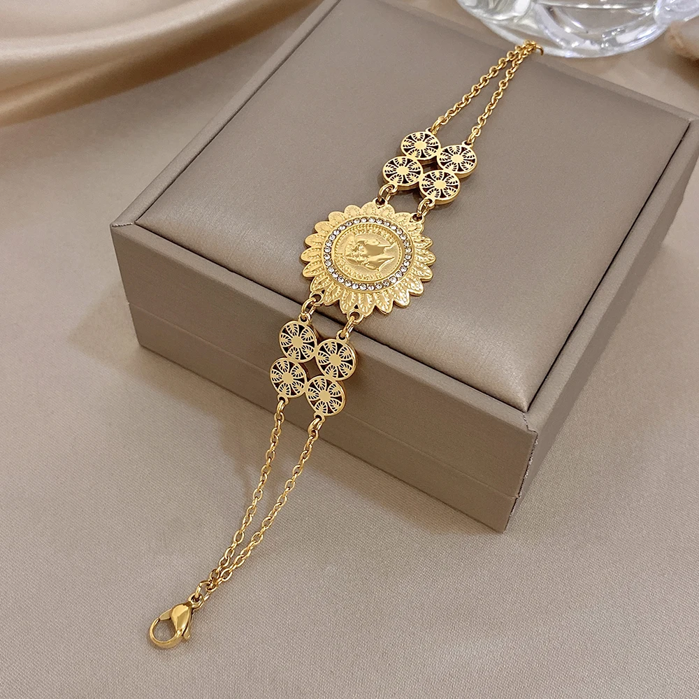 Greatera Portrait Card Surrounded Leaves Bangle For Women Men Small Flower-shaped Hollowed-out Coin Theme Spliced Bracelet Gift