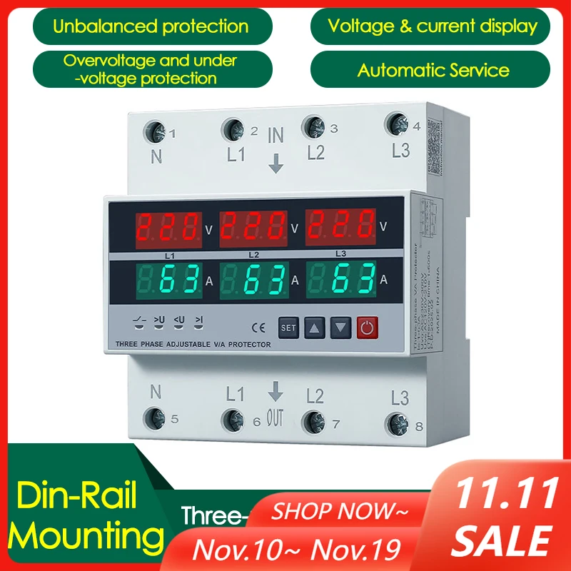 

3-фазная регулируемая защита от повышенного и пониженного напряжения, защита от перегрузки по току, 63 А/100 А, вольтметр на DIN-рейке, защита реле амперметра