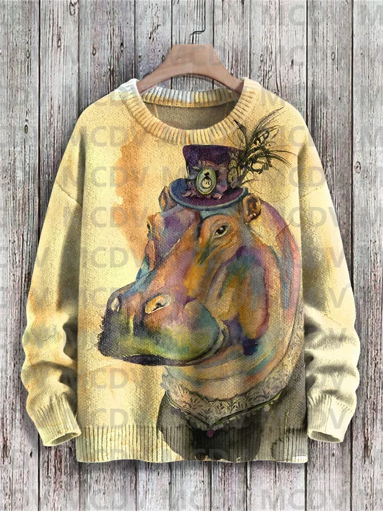 Funny Hippopotamus Watercolor Art Print Knit Pullover Sweater Men's For Women's Pullover