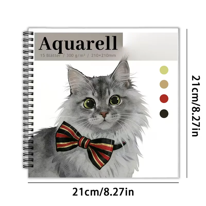 15 Sheets Watercolor Sketchbook With Cute Gray Cat Bowtie Cover | Square Spiral-Bound Art Notebook For Beginners & Hobbyists, 30