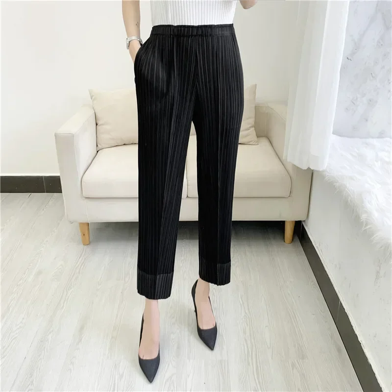 GGHK Pleated Straight Nine-minute Pants 2024 Summer Casual Fashion Versatile Women's Pressed Pleated Pants High-waisted Skinny