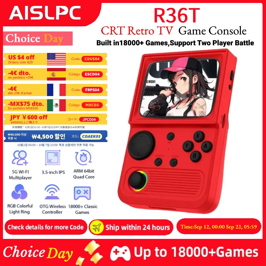Konsol Game Genggam R36T - 64GB, 18000+ Game yang Dimuat Sebelumnya, Layar Full HD, Multiplayer Online & Cincin Lampu RGB