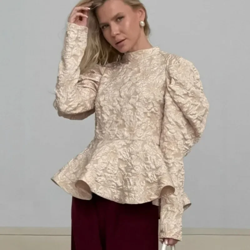 Autumn Winter Women Retro Jacquard Solid Color Stand-up Collar Puffed Sleeves Patchwork Skirt Style Stylish Elegant Commuter Top