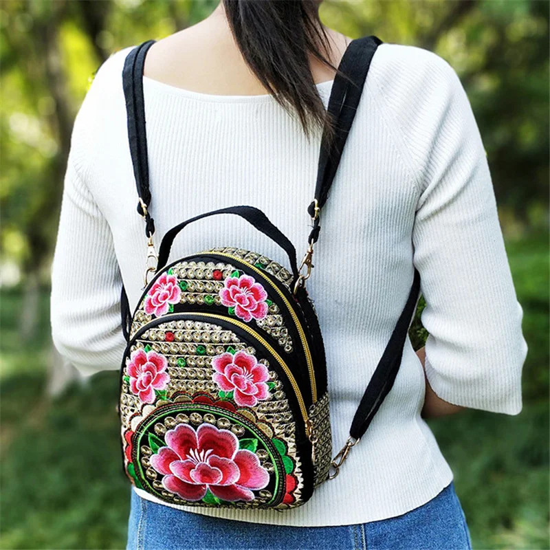 Mochila bordada con flores para mujer, mochila bohemia de cuatro usos, Estilo Vintage