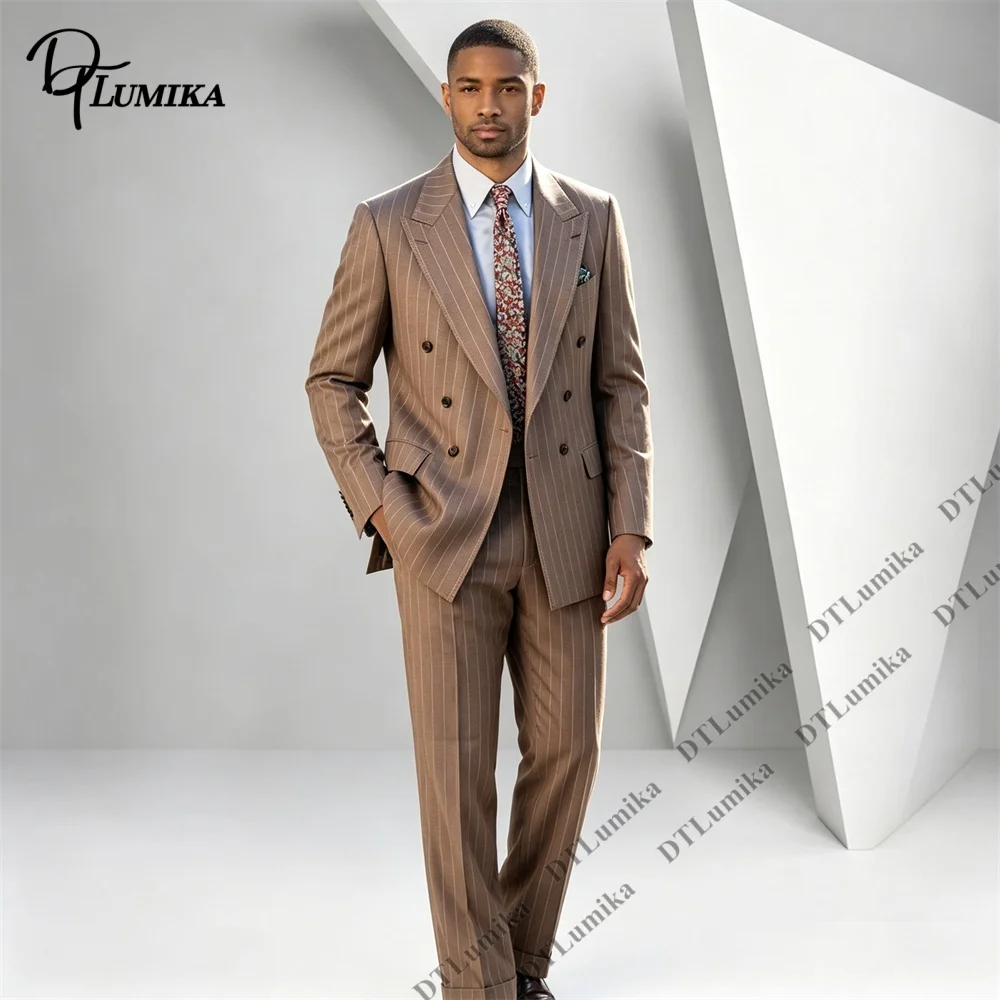 Pinstripe Formal Business Suit Set for Men, Two Piece Jacket Pants Interview Suits Double Breasted Blazer Trousers Handsome Suit