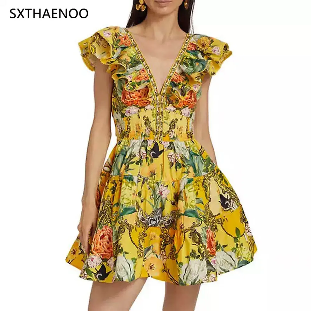 

SXTHAENOO Hit Color Printing Minimalist Mini Dress For Women V Neck Flying Sleeve Tunic Spliced Zipper Dress Female Fashion 2025