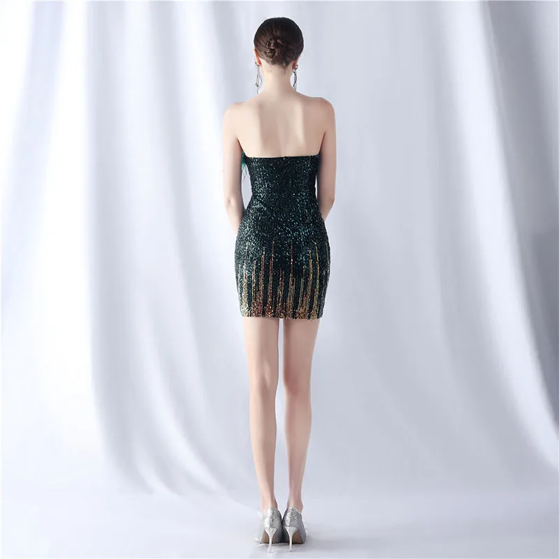 DongCMY Luxury Ostrich Hair Gradient Beads 2025 New Short Cocktail Dress Dark Green Party Dress For Special Occasions