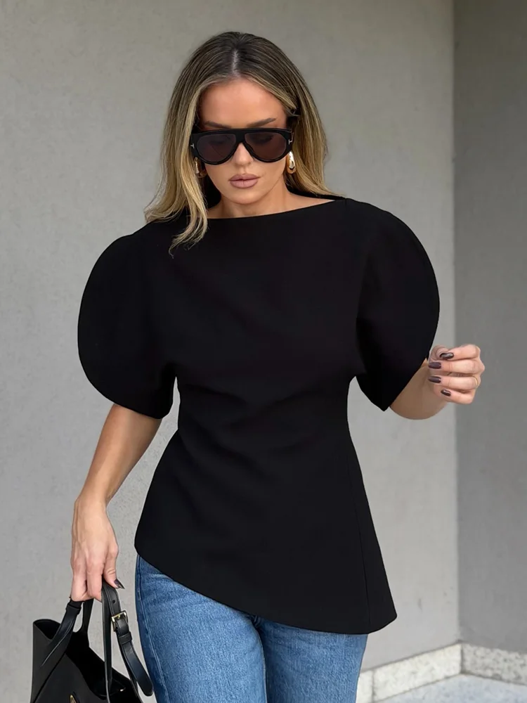 

HH Woman Summer Fashion Design Sense Puff Short Sleeves Asymmetrical Hem Slim Fit Tops Female Versatile Commuting Casual Tops