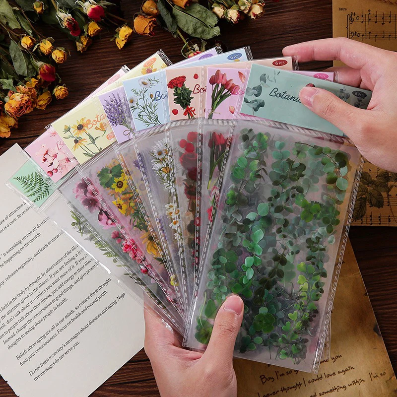 6 Pcs Journal Stickers, Plant and Flower Stickers,PET Waterproof Transparent Floral Patterns,DIY Photo Album Decoration Stickers