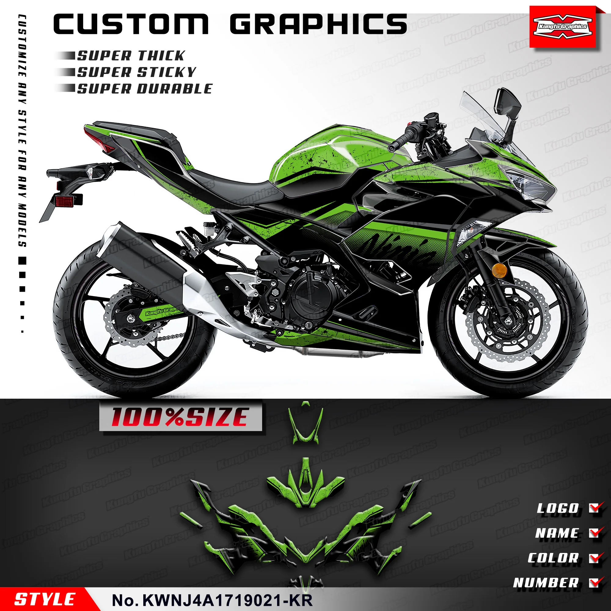 

KUNGFU GRAPHICS Decals Stickers Durable Vinyl for Kawasaki Ninja 250 400 ABS KRT 2017 2018 2019-2023, KWNJ4A1719021-KR