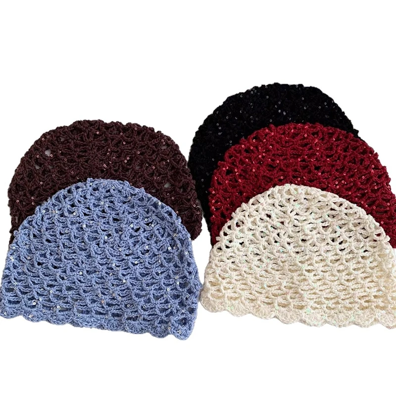 Women Hand-knitted Sequin Openwork Crochet Hat Spring Summer Sequin Beanie Caps Fashion Bohemia Cold Cap Lightweight Knit Hat