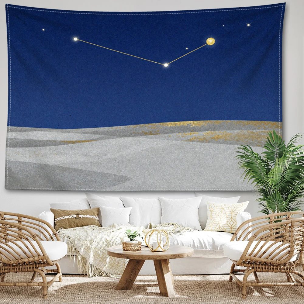 Deep Blue Constellation Gray Printed Tapestry Wall Hanging Bohemian Style Bedroom Home Decor