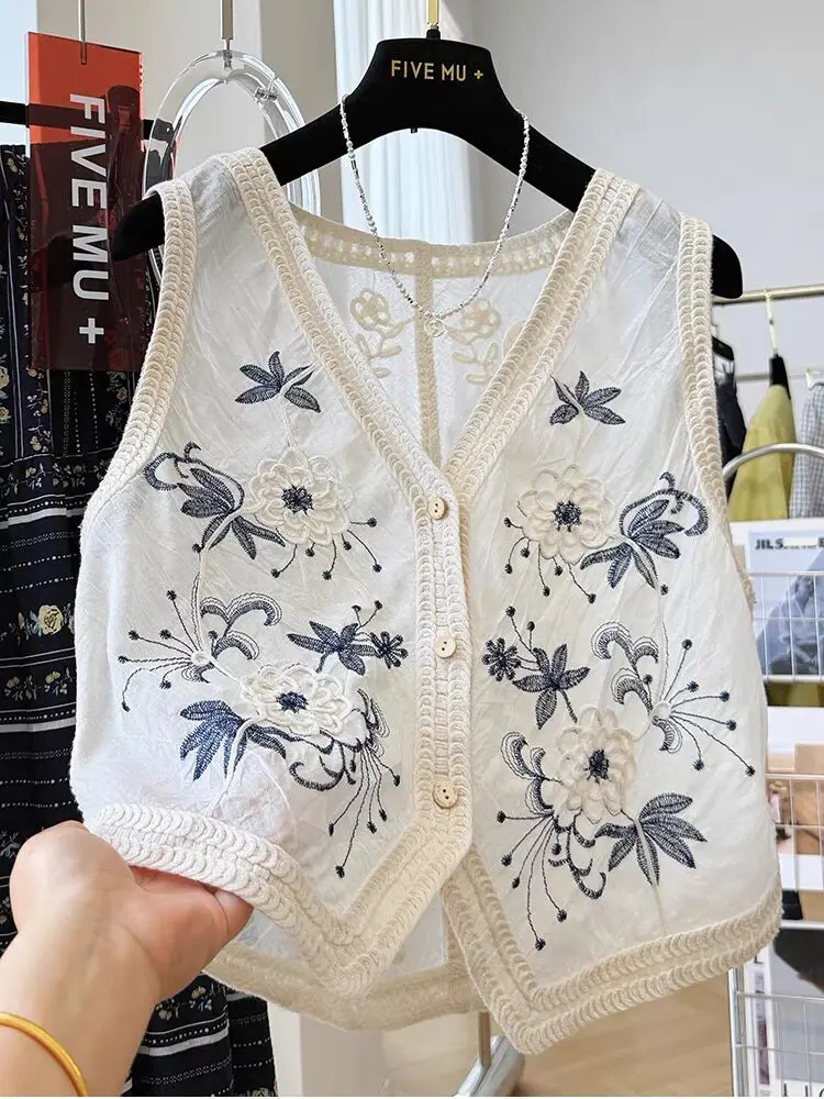 

Шикарный льняной жилет с вышивкой для женщин, летний укороченный жилет без рукавов с цветочным принтом, повседневная верхняя одежда для многослойных образов