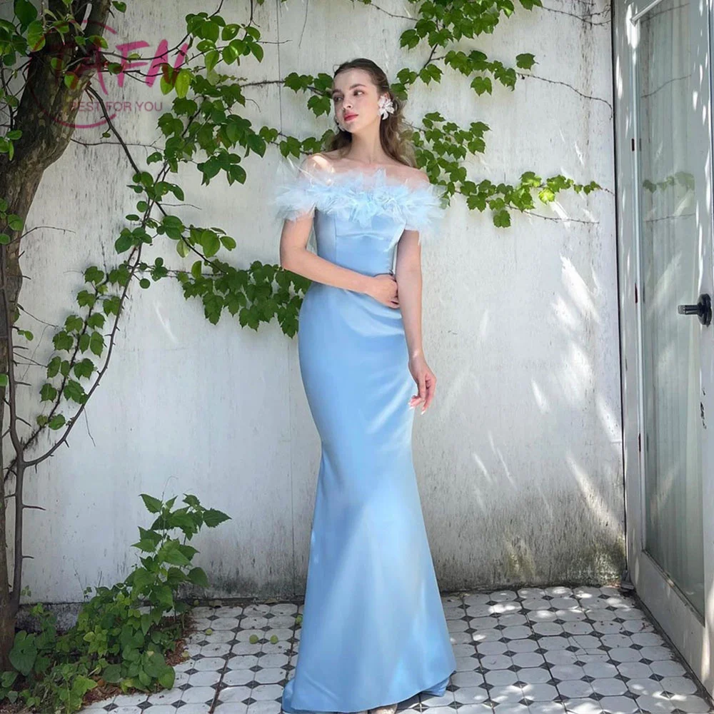 

TAFN Blue Mermaid Evening Dresses Boat Neck Korea Wedding Reception Dresses Off the Shoulder Party Gown Photo Shoot