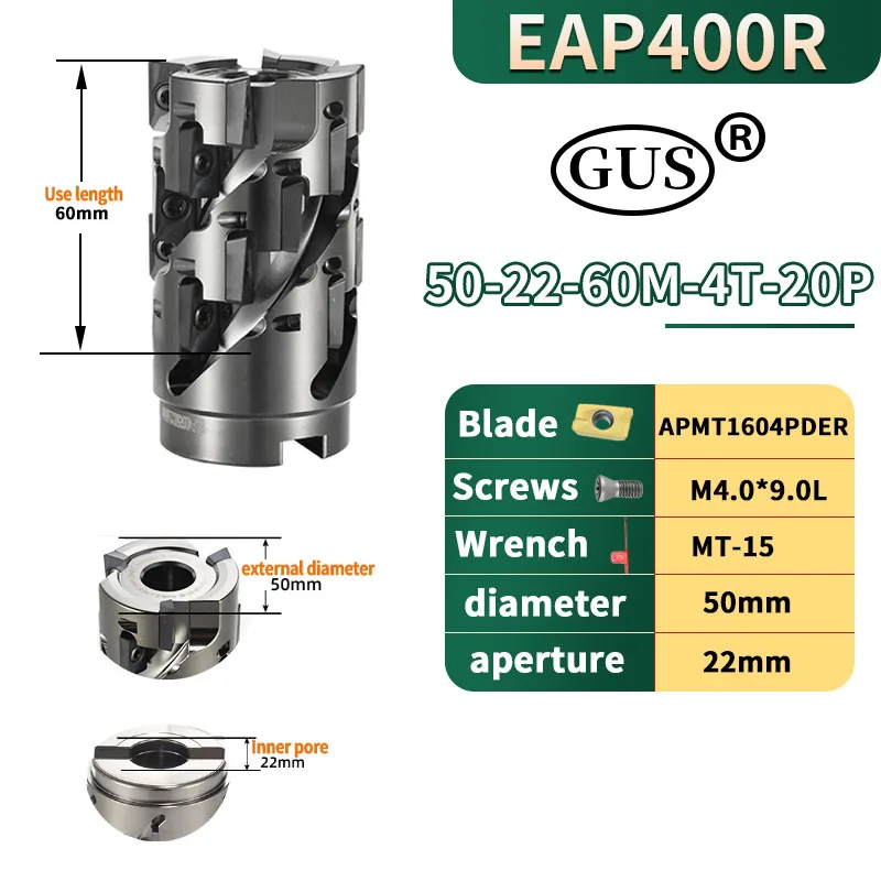 Imagem -04 - Eap 400r Bap400r 50 mm 63 mm Cabeça de Fresa de Milho em Espiral com Haste Reta para Corte em Desbaste para Ferramentas de Torno com Inserto de Metal Duro Apmt1604