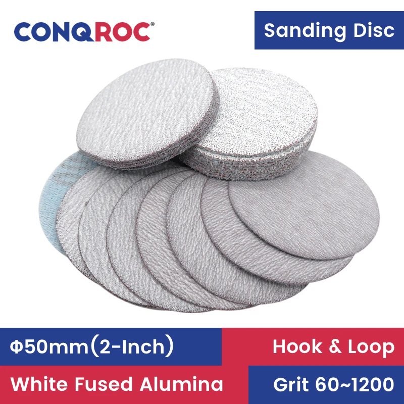 50mm(2-Inch) Sanding Discs White Fused Alumina Hook and Loop Dry Sanding Papers 200-Piece Grit 60~1200