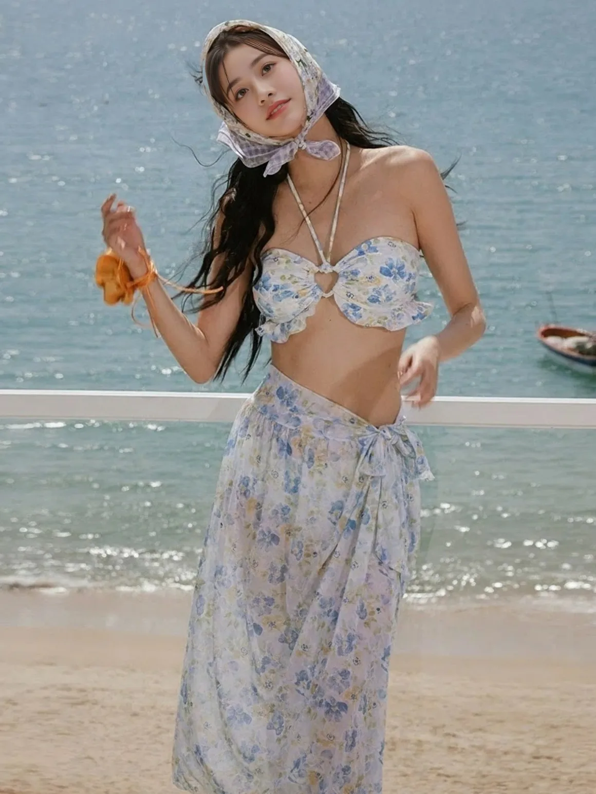 

2026 3-Piece Vacation Bikini Set Elegant Halter Neck Top Women's Swimsuit Summer Mesh See Through Skirt Cover Up Beach Outings