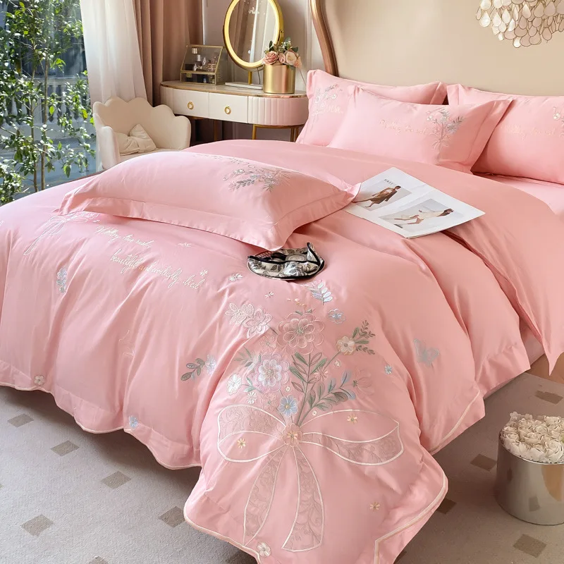 Light luxury embroidery four piece set, high weave and high-density pure cotton duvet cover, bed sheet, bedding